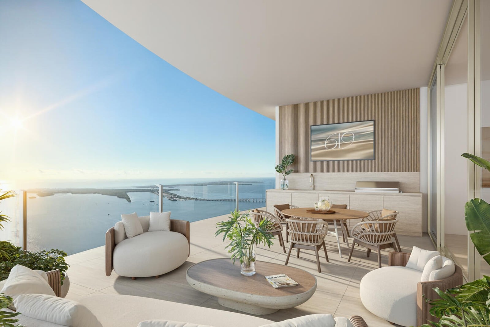 A rendering of a residence interior with water views